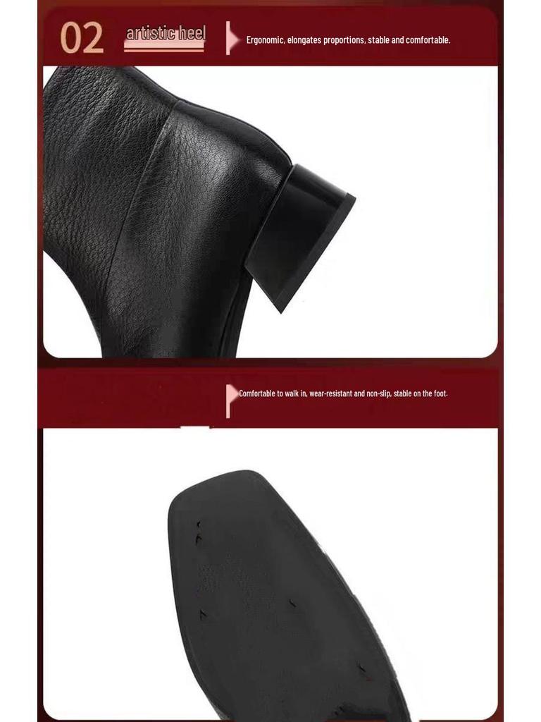 2025 Women's Soft Leather Mid-Heel Square Toe Boots with Velvet Lining for Autumn and Winter