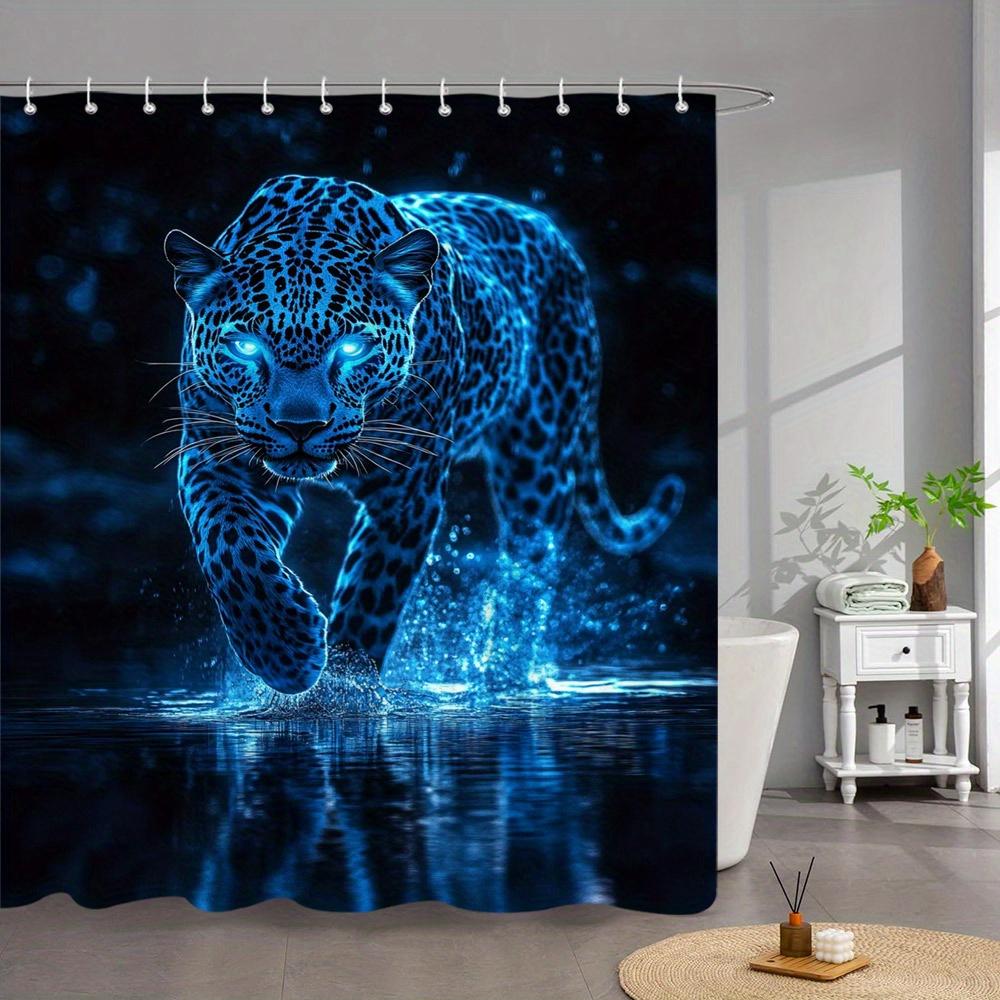 Ethereal Blue Leopard Shower Curtain - Glowing Aura & Piercing Eyes, Reflective Water Digital Art, Polyester Bathroom Decor