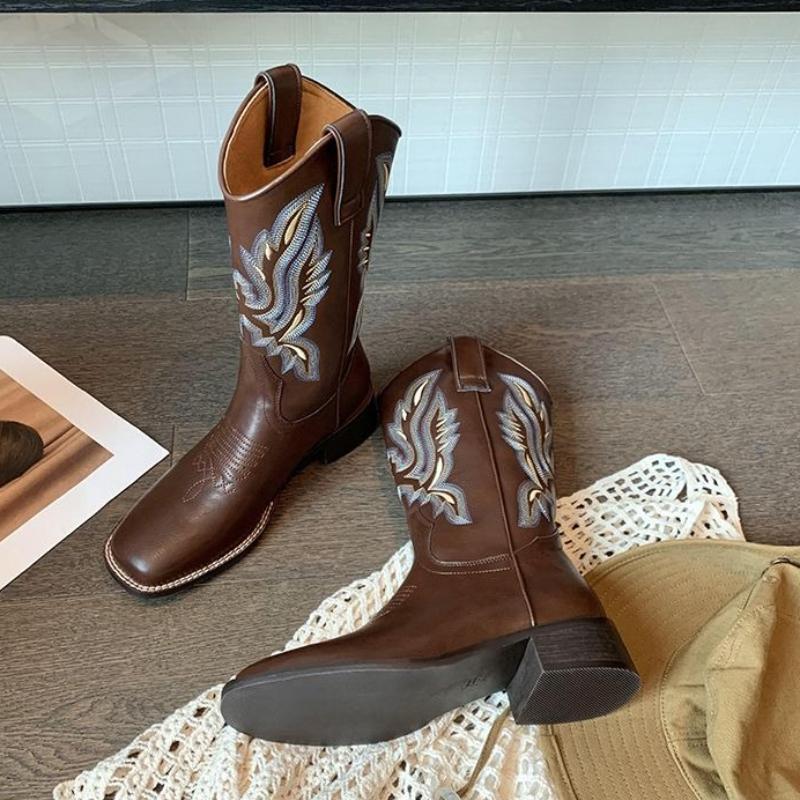 Fashion Spring Autumn Square Toe Middle Heel Half High Boots for Women 2025 Novelty Chic and Elegant Trend Leather Mid Calf Shoes Woman