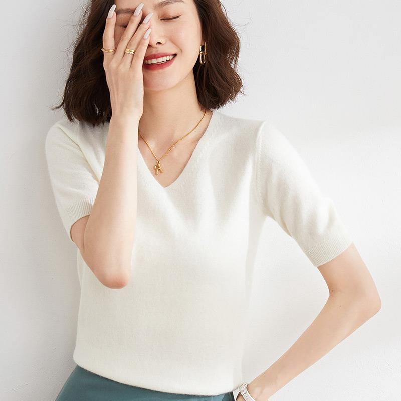 

Весенне-осенняя женская футболка, вязаная рубашка с v-образным вырезом, простой темпераментный тонкий топ, однотонный вязаный низ, тонкий S белый