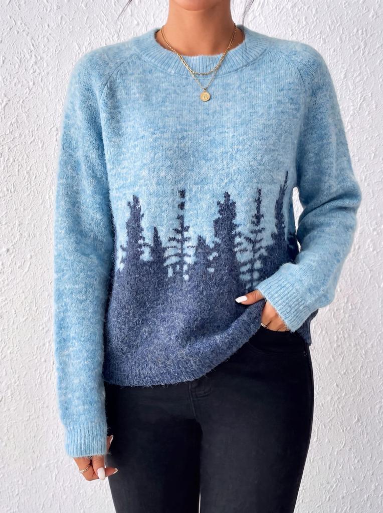 Fashion knitted sweater women's autumn and winter new round neck long-sleeved sweater loose lazy wind forest pattern pullover