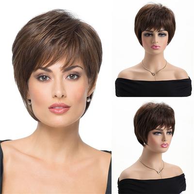 Perruques Brunes pour Femmes Cheveux Synthétiques Perruque Courte avec Frange Coiffures Naturelles Perruque Maman Coupe de Cheveux Décontractée Couleur Claire Perruque Maman Quotidienne