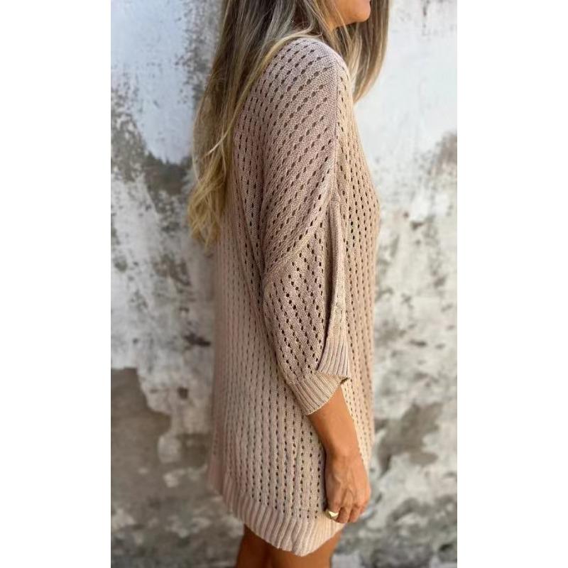 Loose Fit V Neck 3 4 Sleeve Hollow Design Knit Sweater