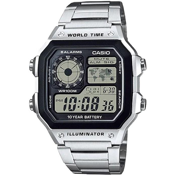 Цифровые часы Casio World Time AE-1200WHD-1AV (Серебряный металлический ремешок)
