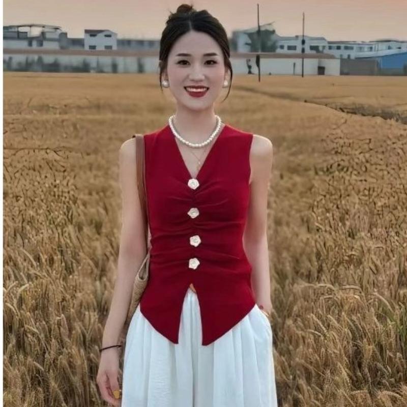 V-Ausschnitt Dreidimensionale Blume Ärmellose Weste Eine Kurze Sommerbluse für Frauen Ein Süßes und Sexy Figurbetontes Oberteil