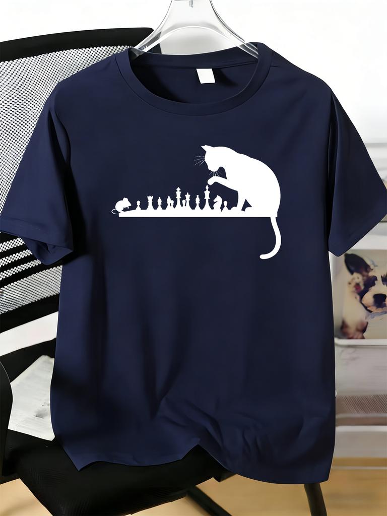 Unisexs Tee Cat And Mouse Playing Chess Silhouette Graphic Print Cotton Short Sleeve Male Casual Streetwear Outdoor Daily Basic Top