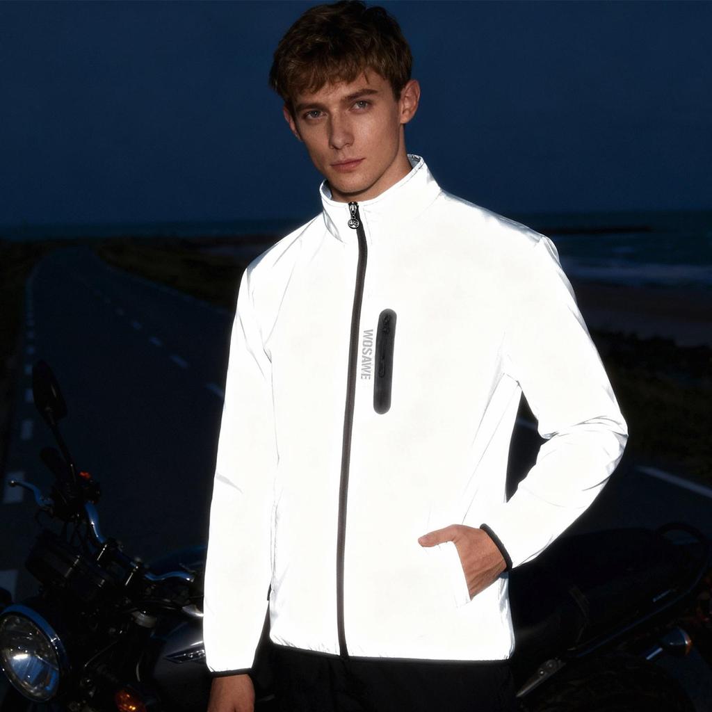 Wosawe Reflective Cycling Jacket Windproof Bike Windbreaker Night Running Breathable Outdoor Sports Coat