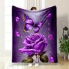 A Vibrant Purple Rose with Water Droplets and a Purple Butterfly Atop. for All Seasons Blanket Lunch Break Throw Gift