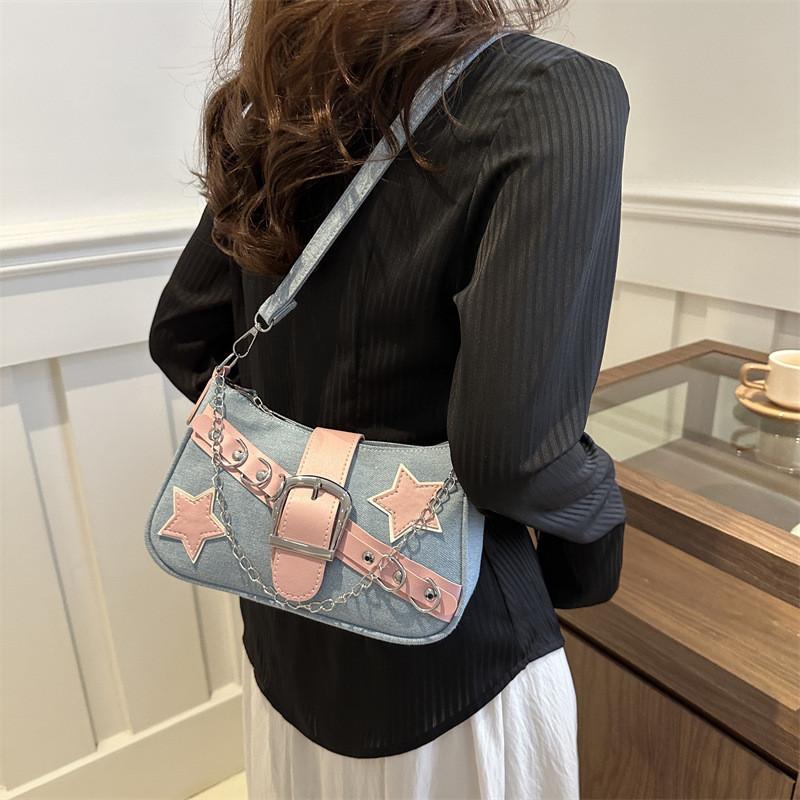 2024 Women's Spring Korean Style Armpit Bag Street Chic Denim Shoulder Bag Casual Small Square Bag Trendy Chain Bag Black