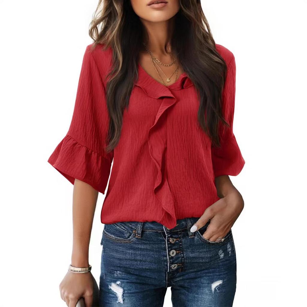Women's V Neck Ruffle Blouse 3/4 Bell Sleeve Casual Solid Loose Fit Tunic Top