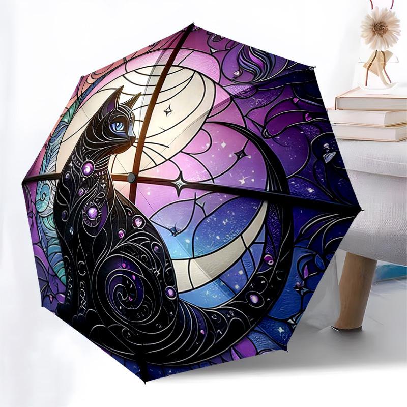 

1pc Stained Glass Cat Design Automatic Folding Umbrella - Portable 3-Fold Design with 8-Bone Iron Frame, Outdoor for Fans, Travelers, Daily Use, Festi