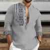 Men Spring Fall Shirt Stand Collar Half Single-breasted Vintage Ethnic Style Long Sleeve Pullover Slim Fit Print Mid Length Men Casual T-shirt