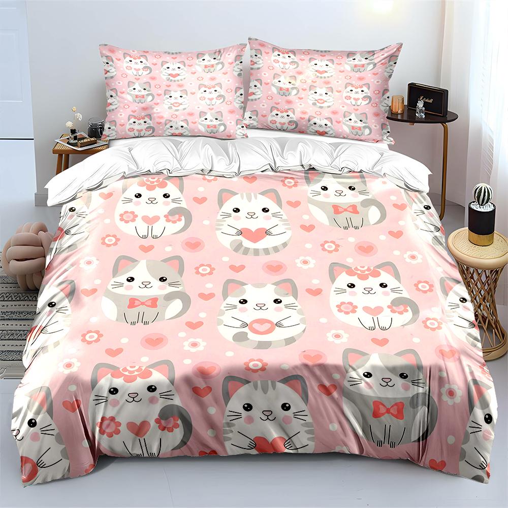 Cute cats with heart patterns Bedding Set for Kids Luxury Gift 3pcs Digital Print Comforter Set Soft Comfortable Breathable
