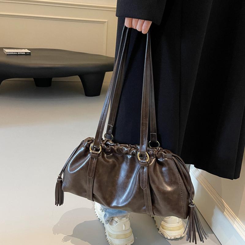 PU Leather Pleated Vintage Tote Bags Buckle Closure Boston Shoulder Bags Large Capacity Women Handbag Luxury Armpit Bag CLE