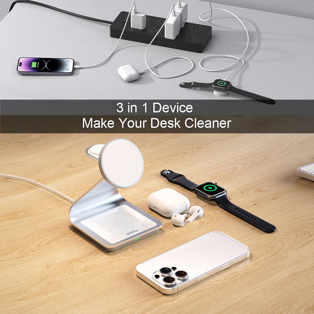 Bonola Magnetic 3 in 1 Wireless Charger for 17/16/15/13/14/12 30W Wireless Charging Station for Watch/AirPods Pro