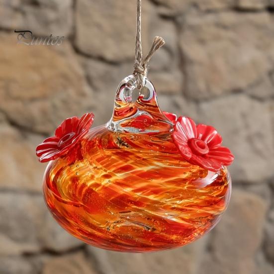 Nectar Storage Feeder Blown Glass Hummingbird Feeder, Outdoor Hanging Colorful Hand-blown with Two Flower Feeding Ports for Garden Backyard