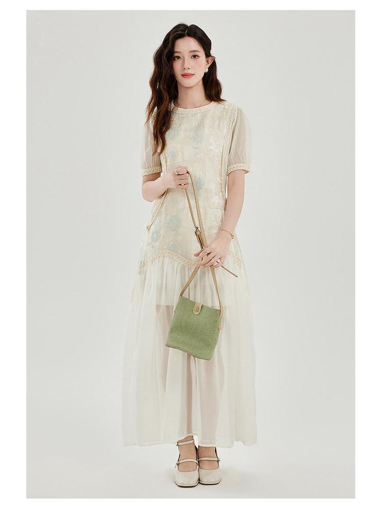 Elegant Summer Seaside Embroidered Maxi Dress with Cinched Waist