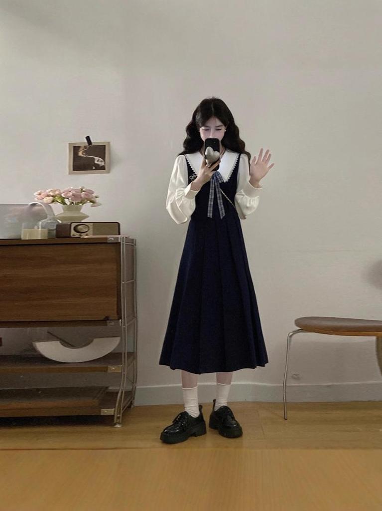Plus Size Pleated Princess Dress with Doll Collar - College Style, Autumn/Winter Waist-Cinching Design