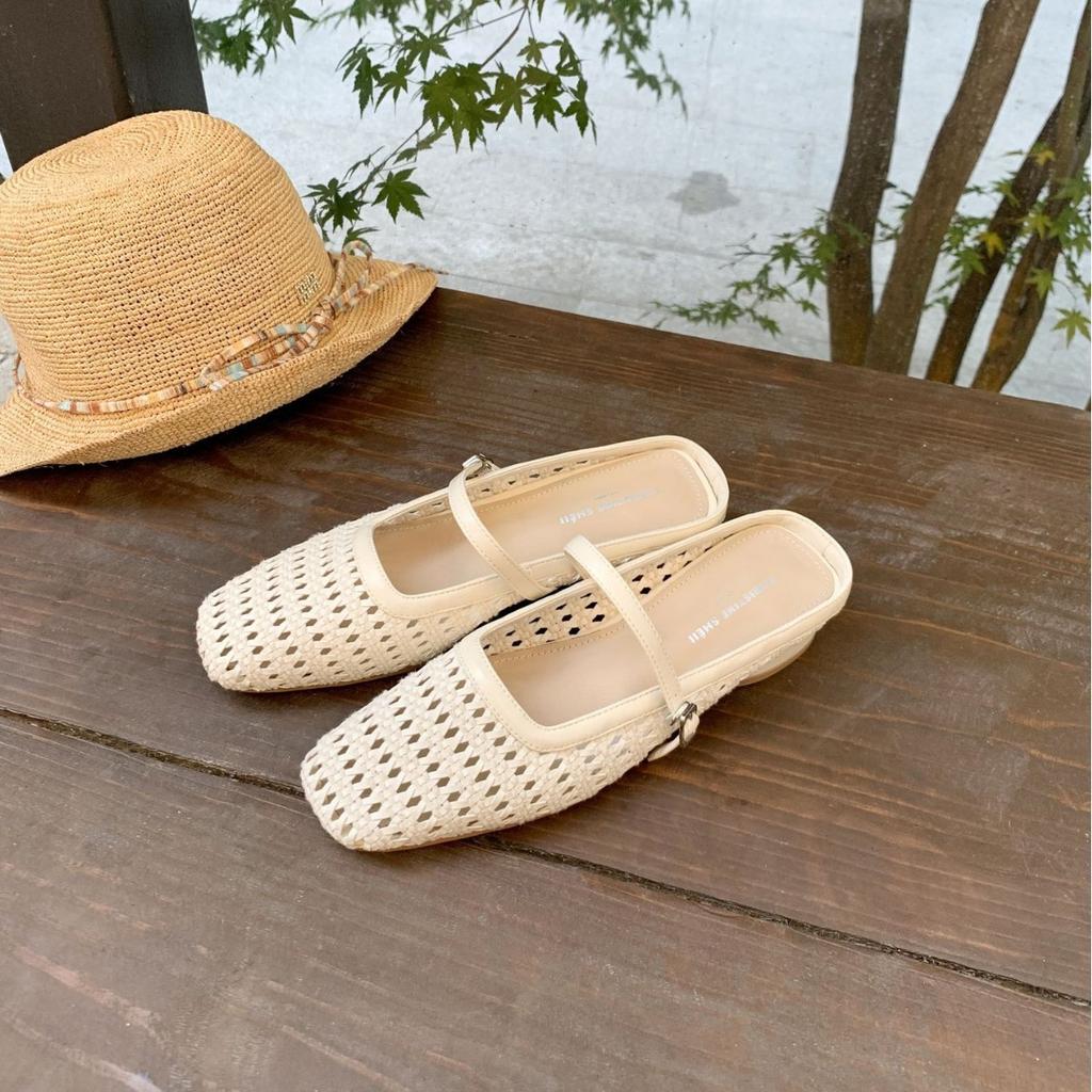 Cowhide Version~ French Square Head Thick Heel Woven Flat Sandals 2025 Xia Muller Sandals Bag Head Empty Single Shoes Women