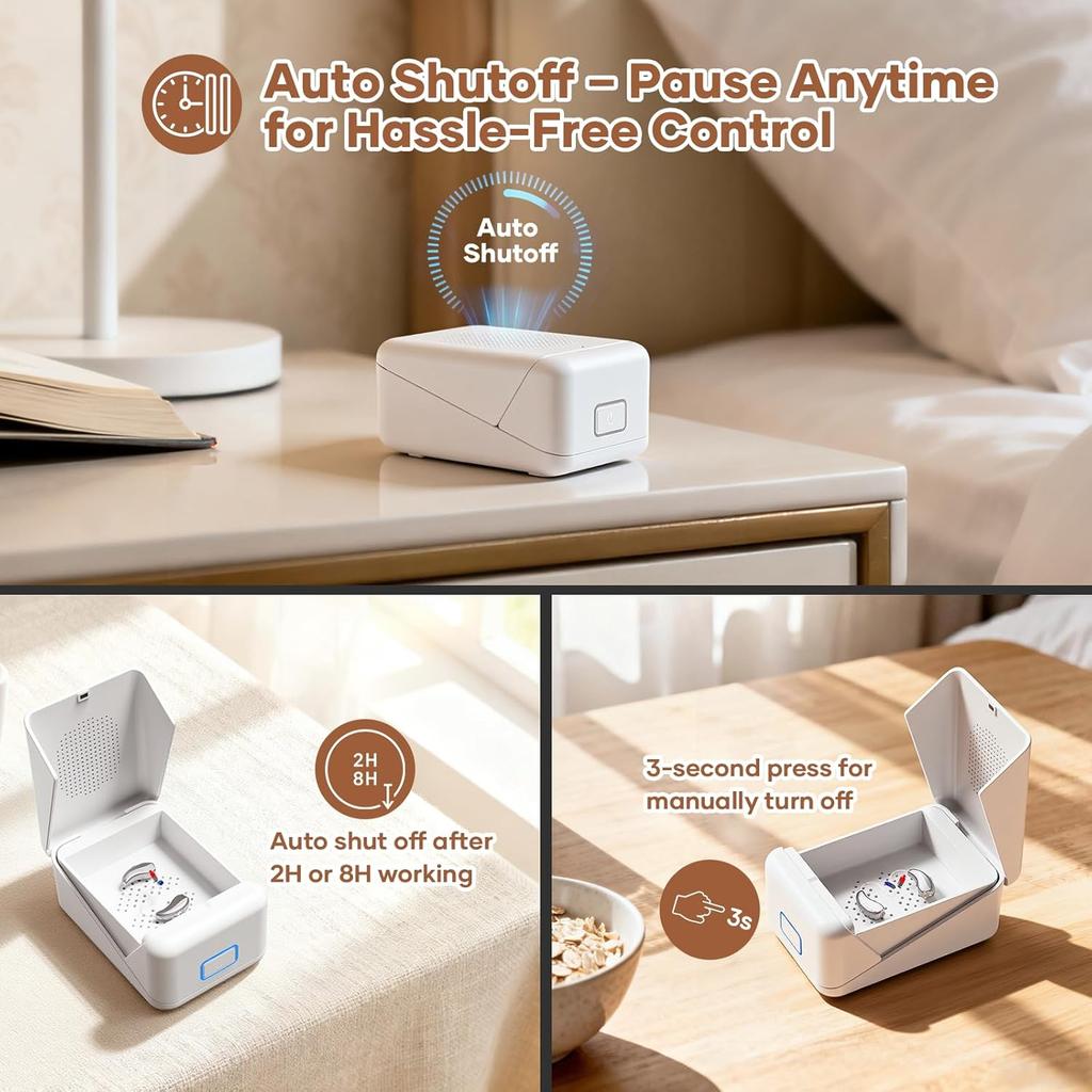 Hearing Aid Dryer – 40 ℃   Constant Heat Dehumidifier with UV LED, 8 Hour Auto Dry Modes – Portable Dry Box for Hearing Aids