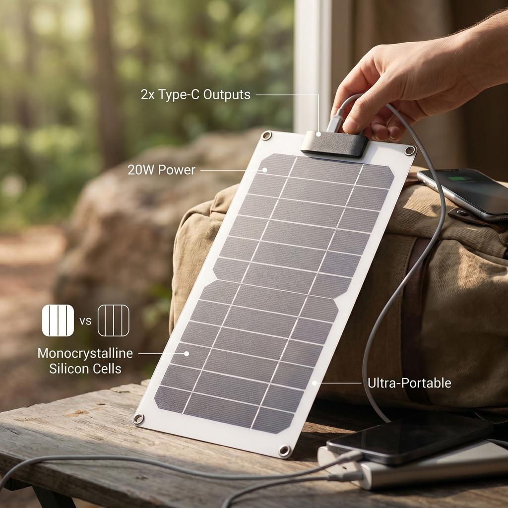 Portable Solar Panel 20W 2 Type C Ports High Efficiency Monocrystalline Solar Panel Charger for Phone Tablet