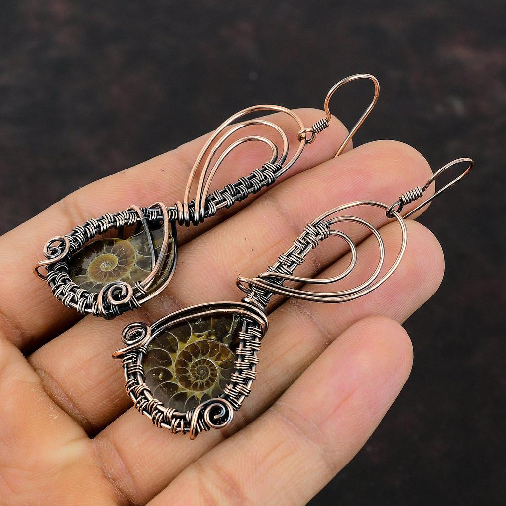 Ammonite Fossil Earrings Copper Wire Wrapped Earrings Copper Jewelry Gemstone Earring Handmade Wire Wrapped Jewelry Drop Earrings For Gift