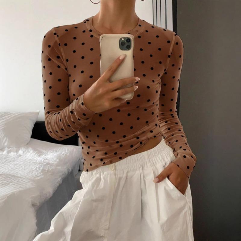Fashion Long Sleeve Polka Dots Women Blouse Slim Fit Elegant Sweet Shirts Ladies Spring Autumn Thin Short Tops Basic Office O Neck Casual T-shirt