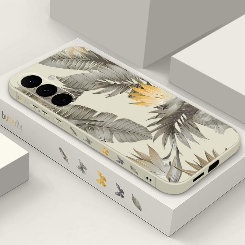 Luxury Golden Leaves Texture Soft Cover For Samsung Galaxy A56 A17 A26 A16 A36 A55 A54 A53 A15 S24 S25 FE S25 S22 S23 Ultra Plus Lanyard Soft Cover