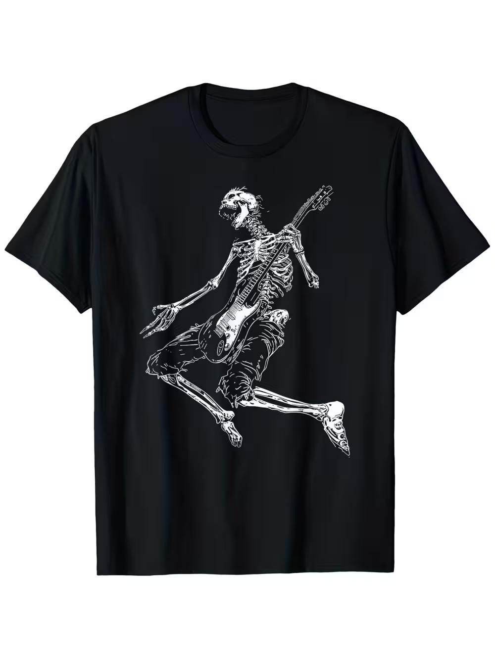 

Men s& Women s Skeleton Rock Band Guitarist T-Shirt- 100% Cotton Relaxed Fit Short Sleeve Tee with White Rock Music Print S