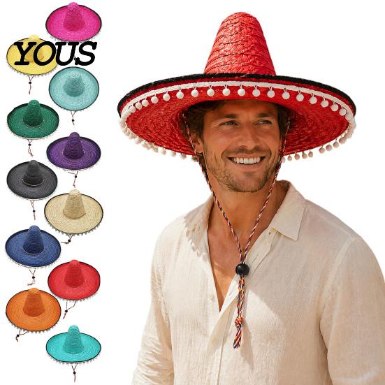 Outdoor Travel Hat Mexican Sombrero with Colorful Poms, Hawaiian Style Woven Straw Sun Hat, Wide Brim Lightweight Festival Party Costume