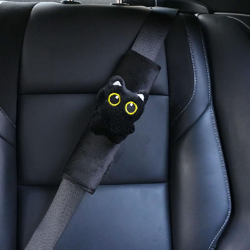 2PCS Cute Black Cat Plush Car Seat Belt Shoulder Protector Cover, Soft Anti‑Strain Safety‑Belt Cushion, Universal Stylish Auto