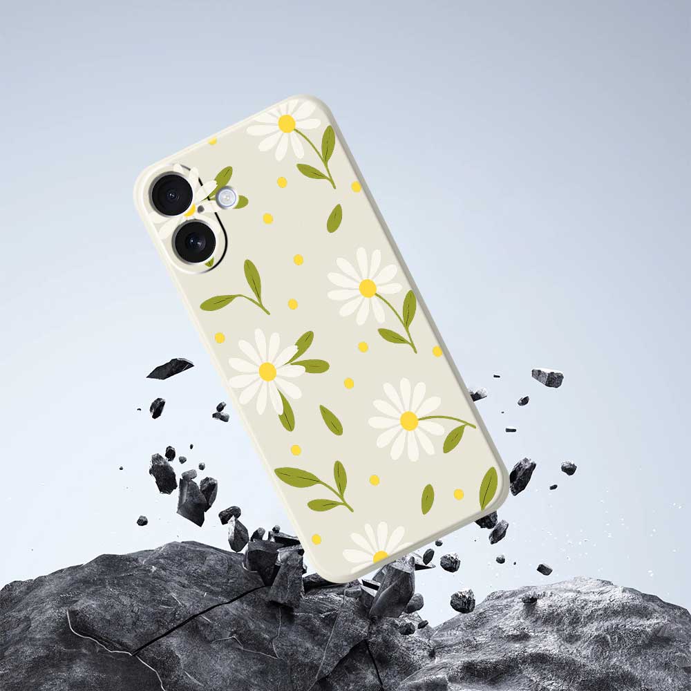 For iPhone 17 Case White Flowers Green Leaves Pattern Printing Straight Edge TPU Phone Back Cover