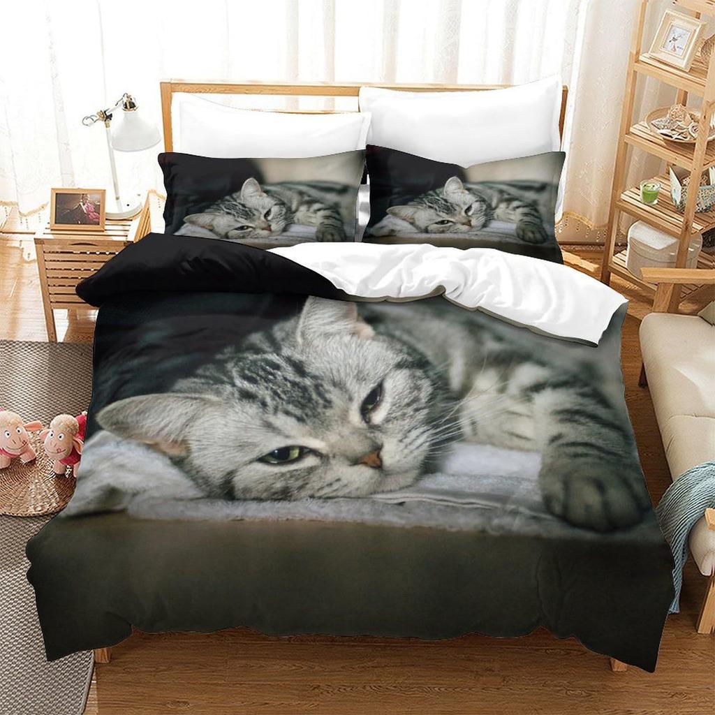 Cat Series Cute Animal 3D Digital Printing Quilt Cover Three-Piece Bedding