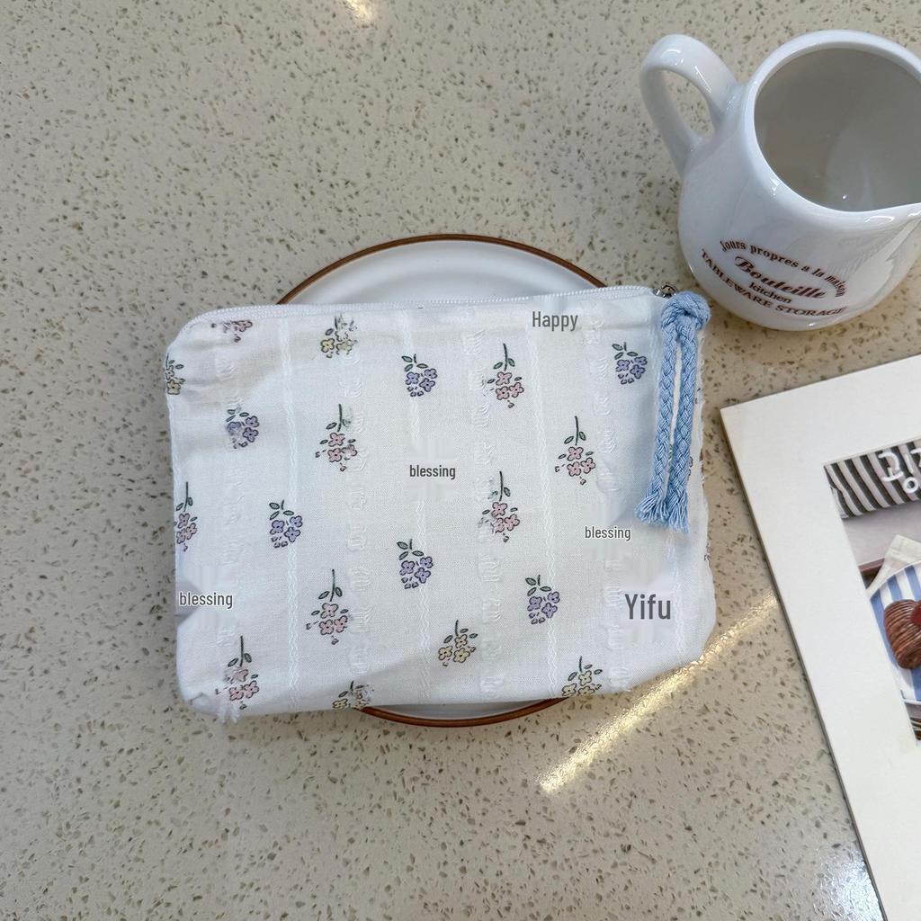 Adorable Blue Cartoon Makeup Bag: Mini Pure Cotton Coin and Earphone Pouch, Lipstick Carrier, Portable Storage.