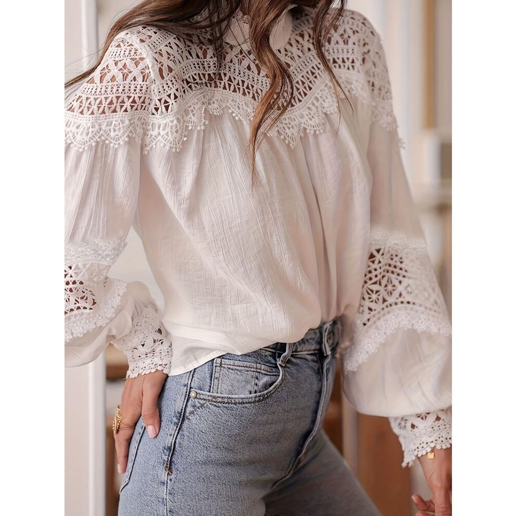 Summer Vacation Women's Sexy Crochet Hollow Out Flare Sleeve Lace Trim Crochet Cover Up Blouse Top