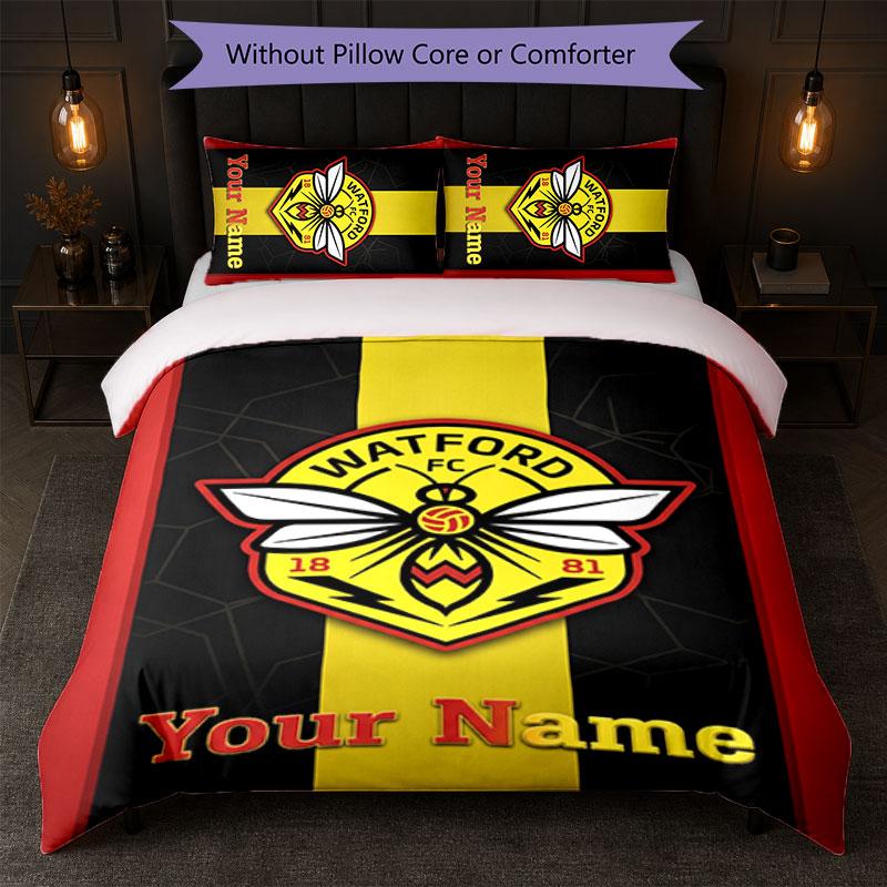 Watford FC Custom Name Text Bedding Set 1 Duvet Cover+2 Pillowcases Soccer Logo Personalized Gift For Special Occasion Bedroom Decor