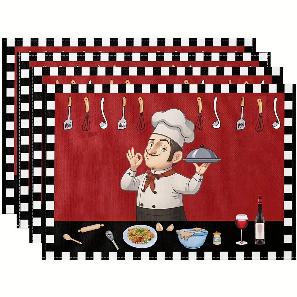 1 pièce Sets de table rouges à carreaux pour cuisine de chef, Sets de table amusants, Sets de table pour table de salle à manger style ferme, Ensemble de table essuyable