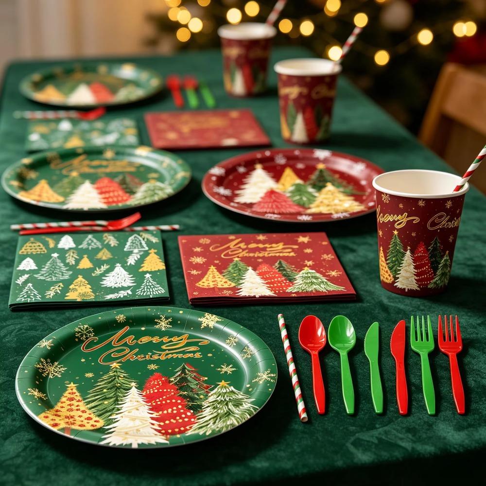 Christmas Tree Pattern Disposable Tableware Set Party Plate Cup Napkin Tablecloth  Family Dinner