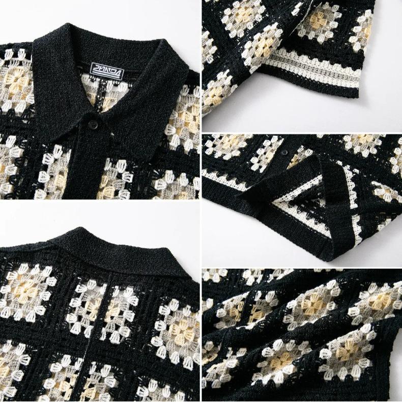 Knit Short Sleeve Shirt for Men Casual Button Down Shirt Vintage Knitted Golf Beach Collared Shirts Tops Men's Crochet Hollow Out Summer Vacation Top