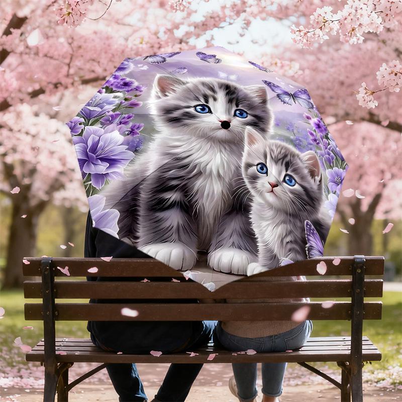 1PC Kittens Flowers Umbrella-8-Rib Reinforced Portable Folding Travel Suitable for All Seasons Outdoor Daily Use  -J0388