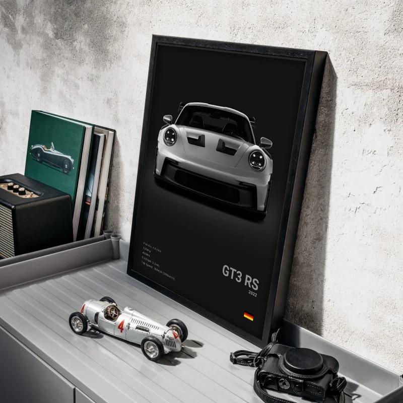 Pop Black And White German Luxury Sports Car Poster Wall Art 911 GT3 RS Turbo Canvas Print Garage Living Room Decor