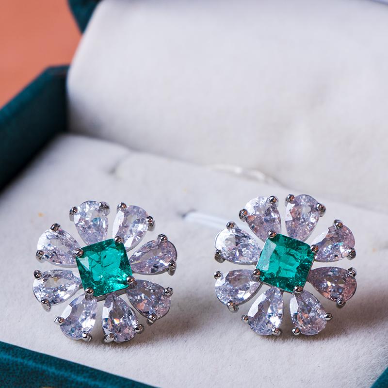 Cellacity Cercei pentru femei din argint 925 Paraiba cu pietre prețioase de formă pătrată, designer de flori, cadou pentru bijuterii fine