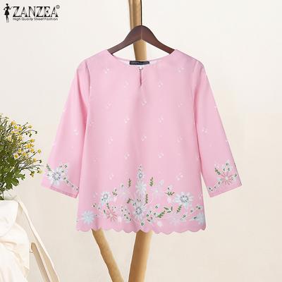 Women Casual Round Neck 3/4 Sleeve Loose Print Blouse