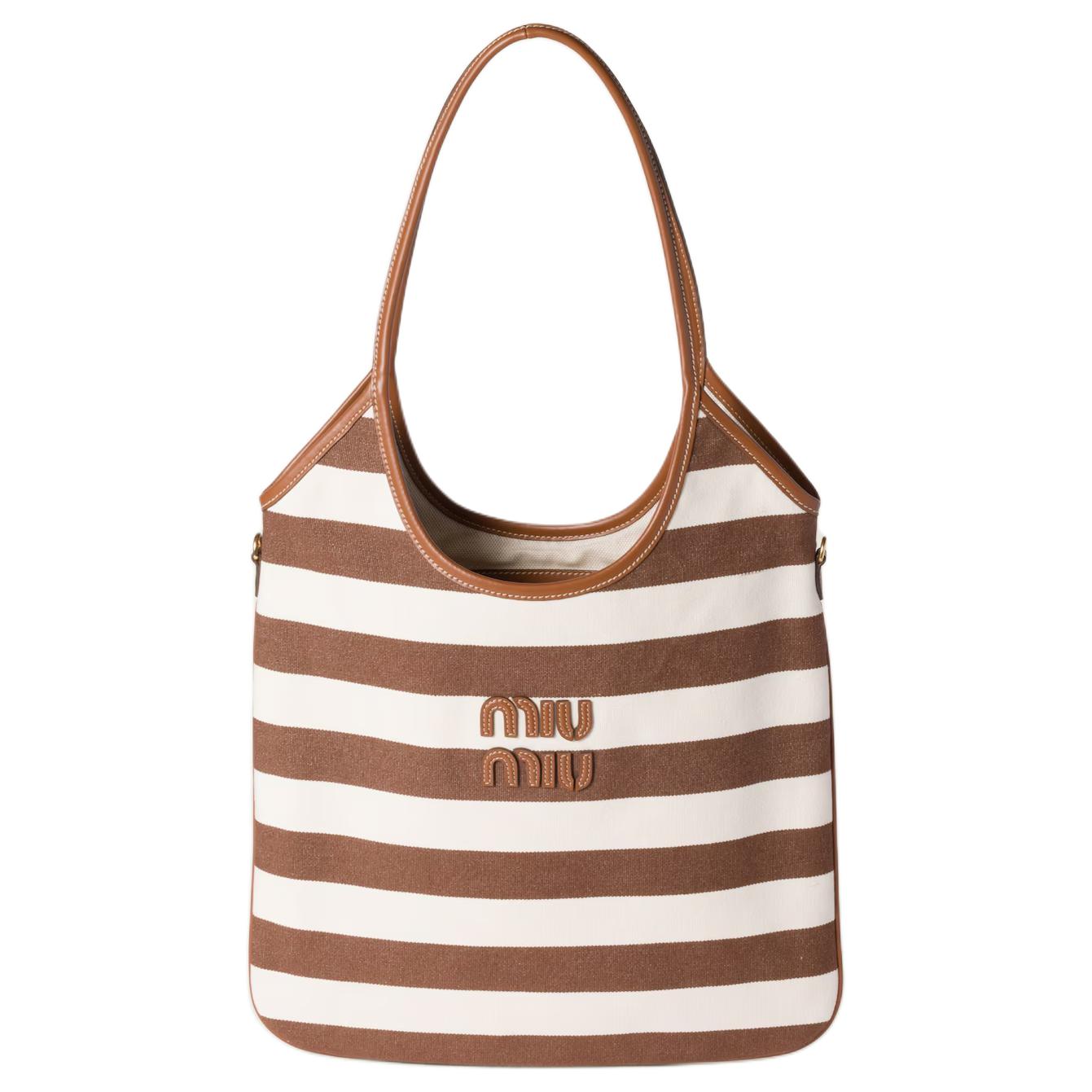 

Miu Miu Ivy Striped Color Block Tote Bag With Gold Hardware Women Tote Bags Cocoa-Brown Natural 5BG231-2IBB-F0966-V-MLF Basic Set (Bag+Dust Bag)