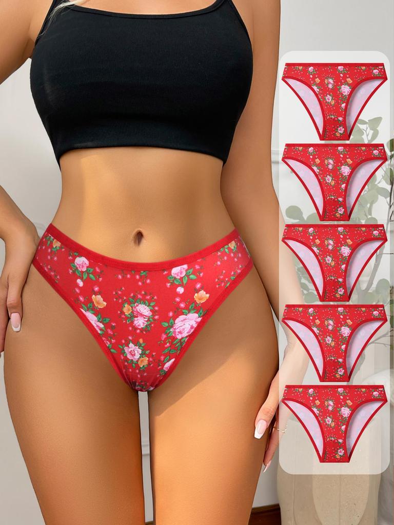 5Pcs/Set Women Cotton Panties Floral Red Underwear Low Waist Briefs Girls Panty Sexy Ladies Underpants Soft Female Lingerie S-L