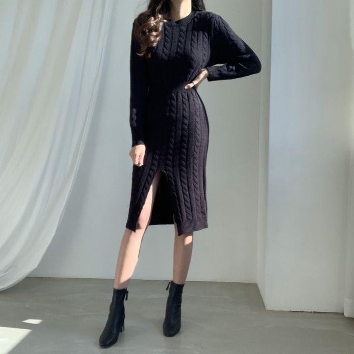 Damen-Strickkleid, lang, V-Ausschnitt, sexy, geteiltes Pulloverkleid, schmale Passform, Herbst-Winter, gestrickt, Hüftkleid, sowohl vorne als auch hinten tragen