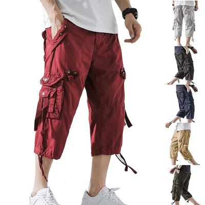 Yaz Erkek Casual Kargo Kısa Pantolon 3/4 Gevşek Diz Altı Capri Kargo Pantolon Pamuk
