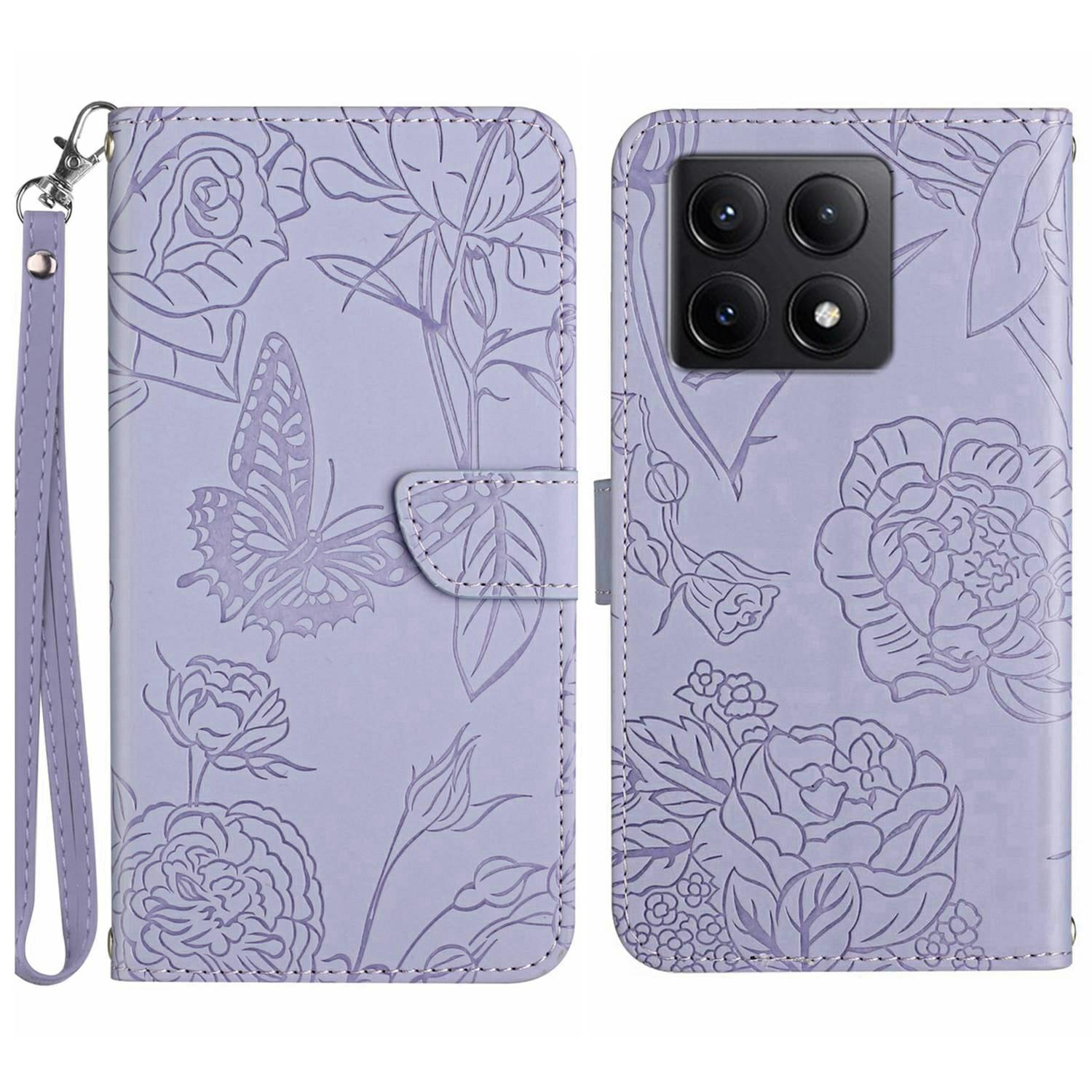 

HT03 For Xiaomi 14T Case Butterfly Flower Imprint Leather Phone Cover with Strap Purple