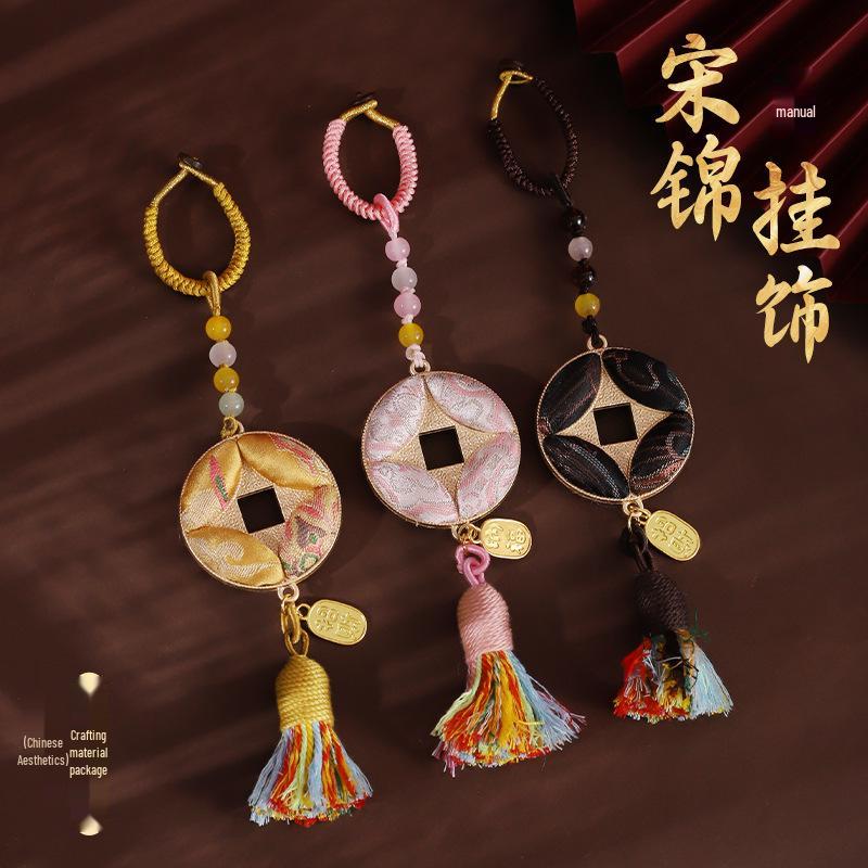 Ručně vyráběný DIY Imitace Songského brokátu Oboustranný přívěsek se starou mincí - Čínský styl Závěsná ozdoba do auta Dárek