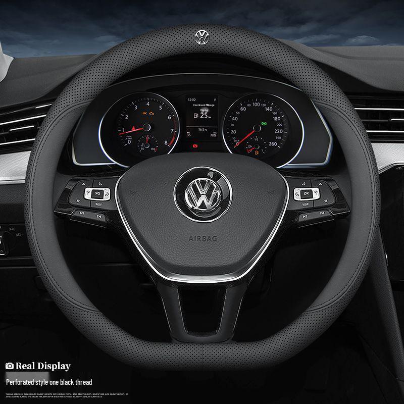 Volkswagen Steering Wheel Cover for Lavida, Bora, Sagitar, Magotan, Santana, Lamando, Tiguan L, Tayron - Four Seasons Genuine Leather.